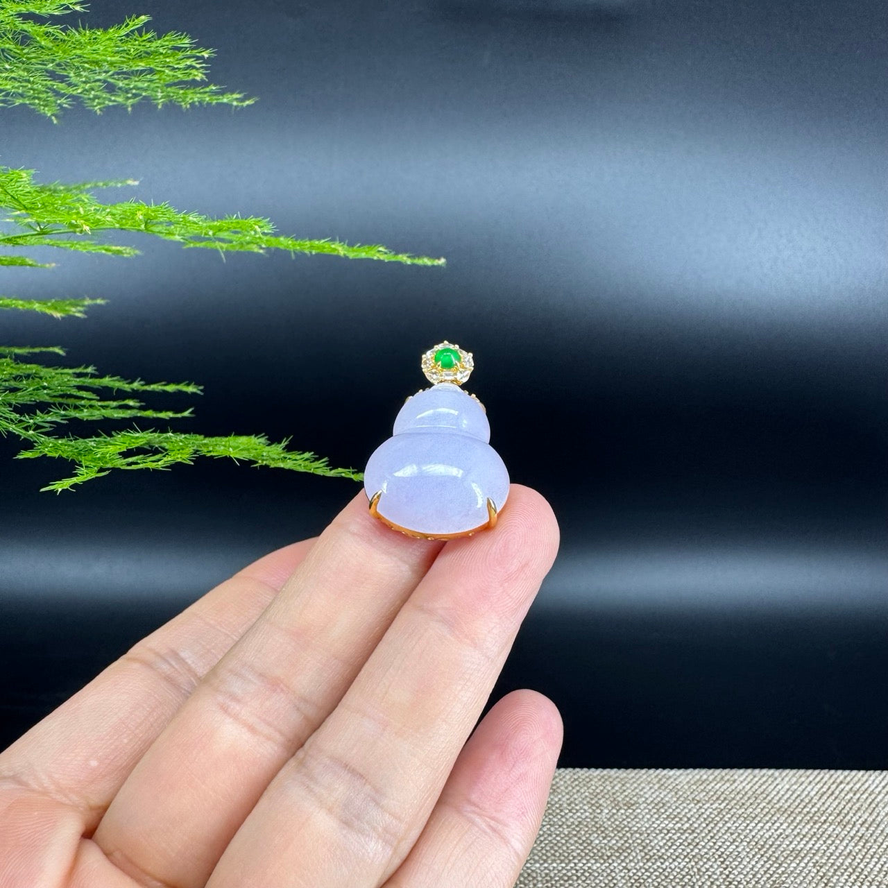 RealJade® Co. Genuine Light Lavender Jadeite Jade Good Luck Hulu Necklace With 18K Yellow Gold Bail And Diamonds