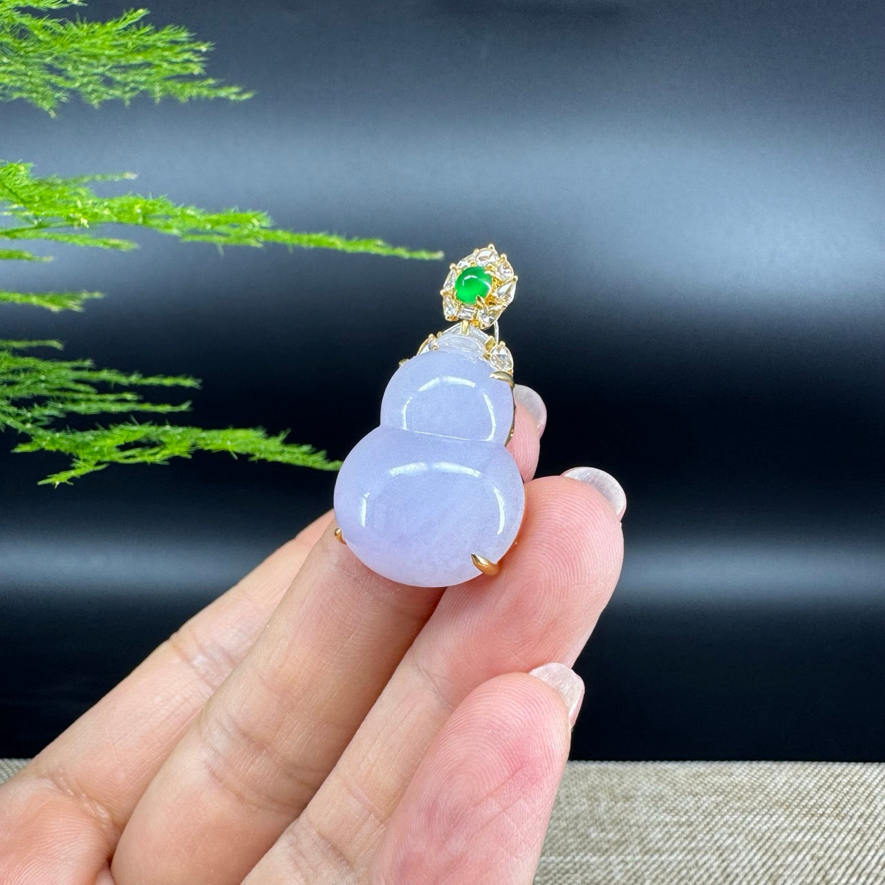 RealJade® Co. Genuine Light Lavender Jadeite Jade Good Luck Hulu Necklace With 18K Yellow Gold Bail And Diamonds