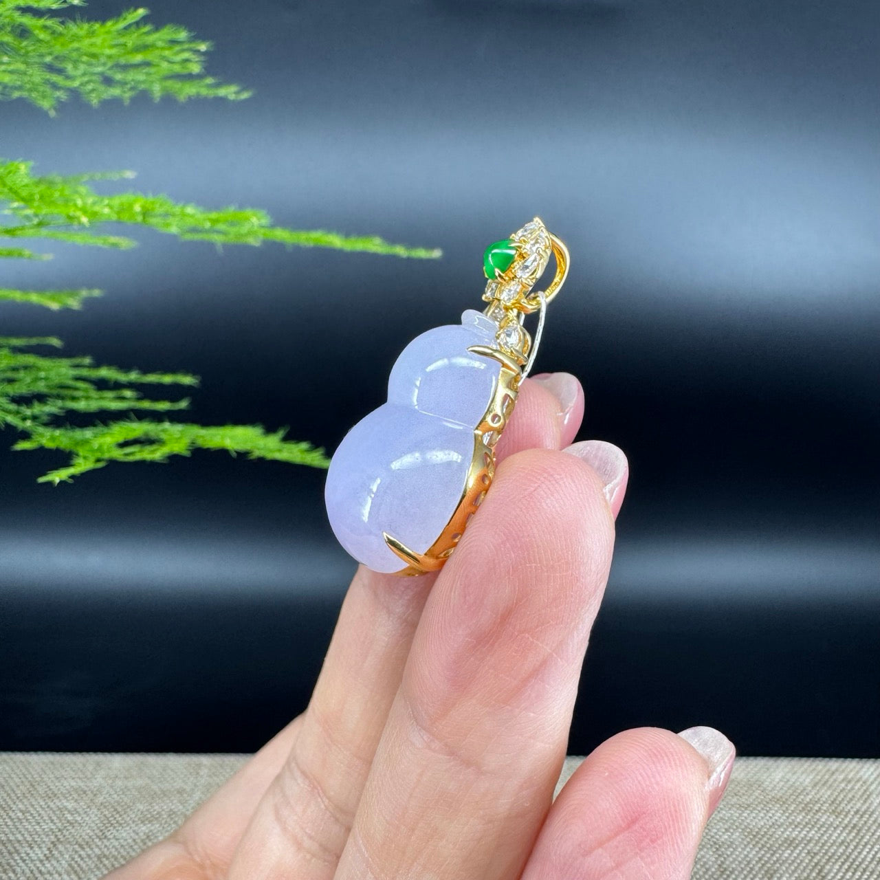 RealJade® Co. Genuine Light Lavender Jadeite Jade Good Luck Hulu Necklace With 18K Yellow Gold Bail And Diamonds