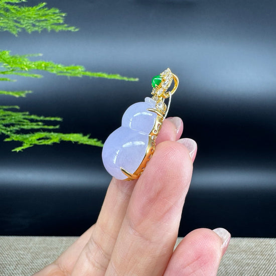 RealJade® Co. Genuine Light Lavender Jadeite Jade Good Luck Hulu Necklace With 18K Yellow Gold Bail And Diamonds