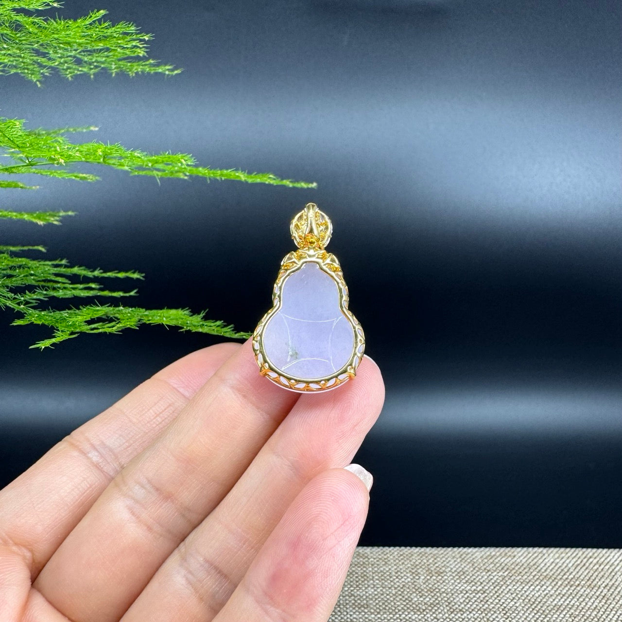 RealJade® Co. Genuine Light Lavender Jadeite Jade Good Luck Hulu Necklace With 18K Yellow Gold Bail And Diamonds