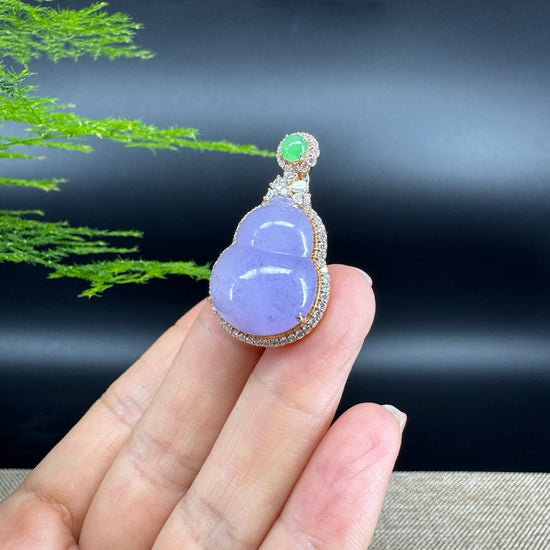 RealJade® Co. 18K Rose Gold Genuine Lavender Jadeite Jade Hu Lu Necklace