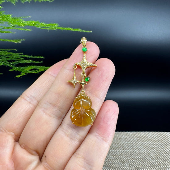 RealJade® Co. 18K Yellow Gold Genuine Honey Yellow Jadeite Jade Hu Lu Fish Necklace