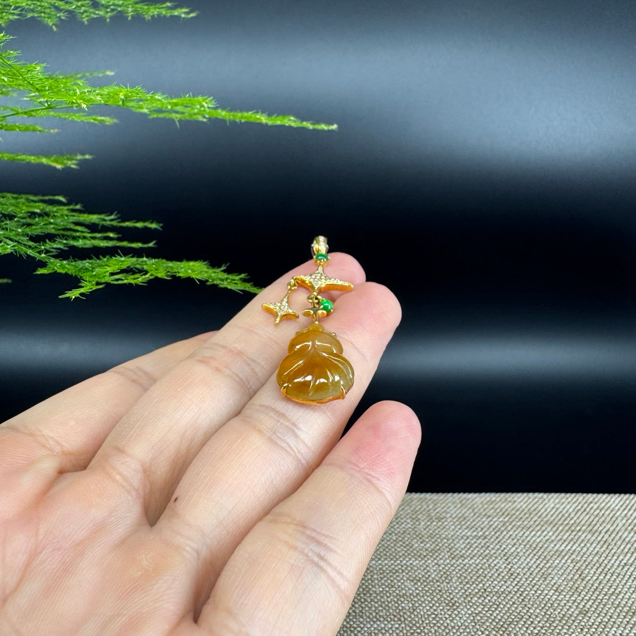 RealJade® Co. 18K Yellow Gold Genuine Honey Yellow Jadeite Jade Hu Lu Fish Necklace