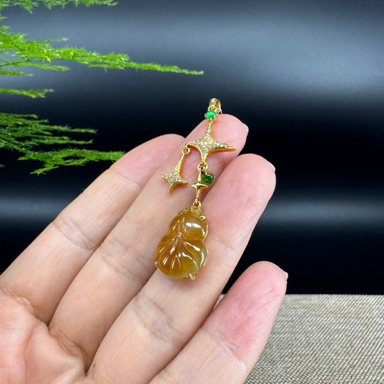 RealJade® Co. 18K Yellow Gold Genuine Honey Yellow Jadeite Jade Hu Lu Fish Necklace