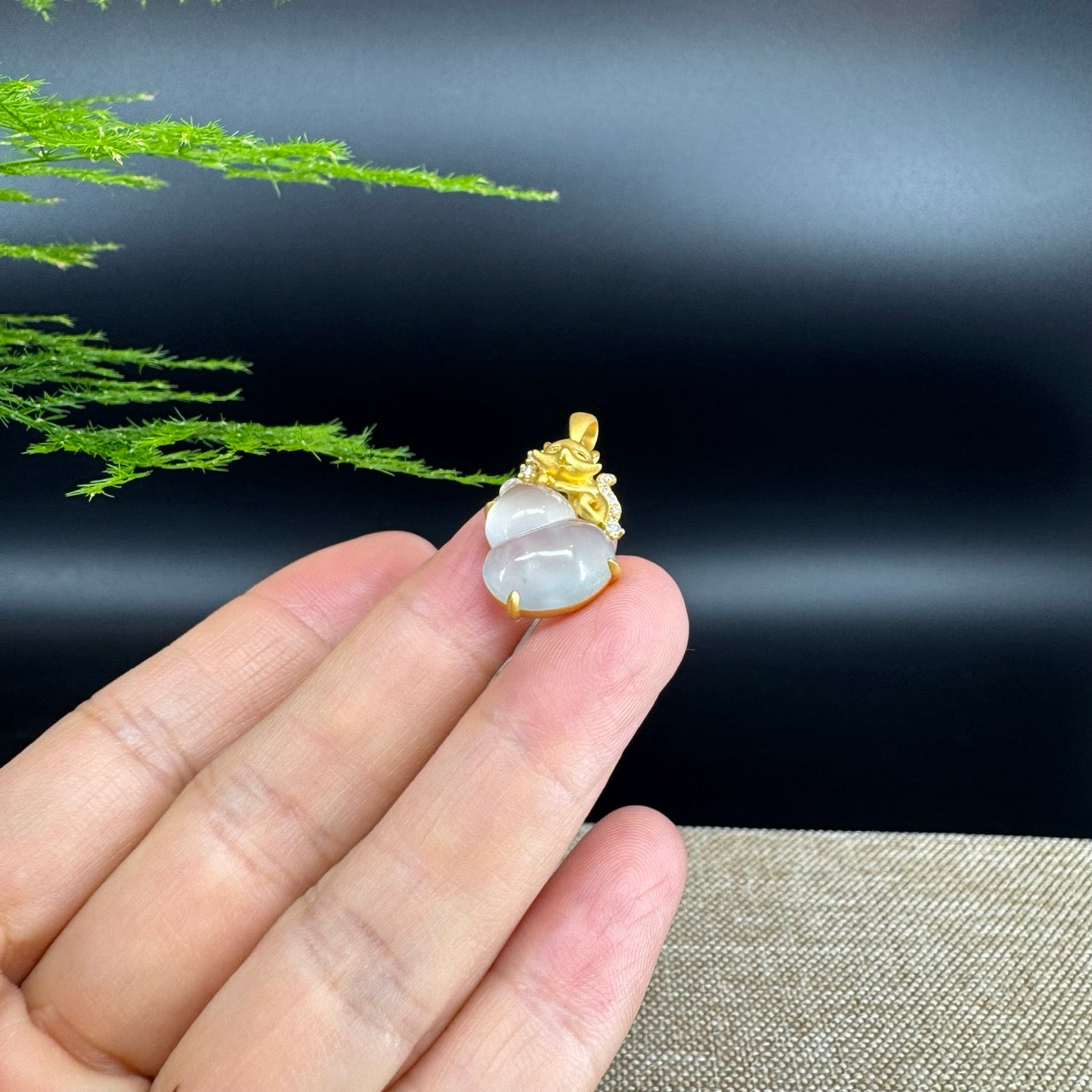 RealJade® Co. Genuine Icy Jadeite Jade Good Luck Hulu Bottle Gourd Necklace With 18K Yellow Gold Bail