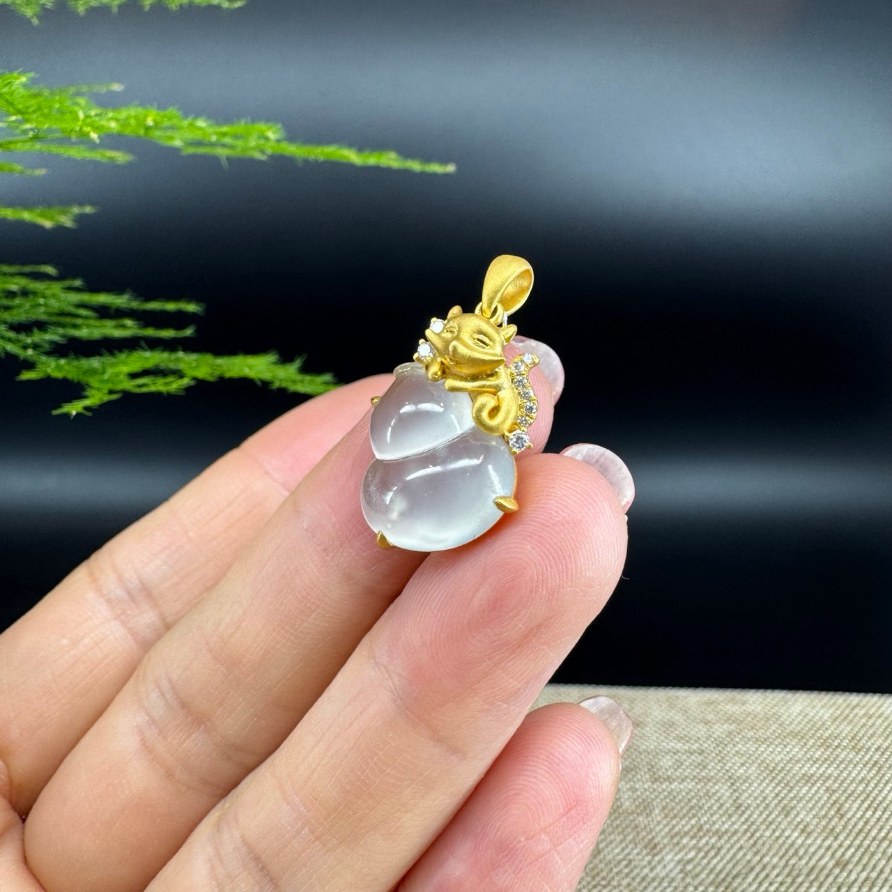 RealJade® Co. Genuine Icy Jadeite Jade Good Luck Hulu Bottle Gourd Necklace With 18K Yellow Gold Bail