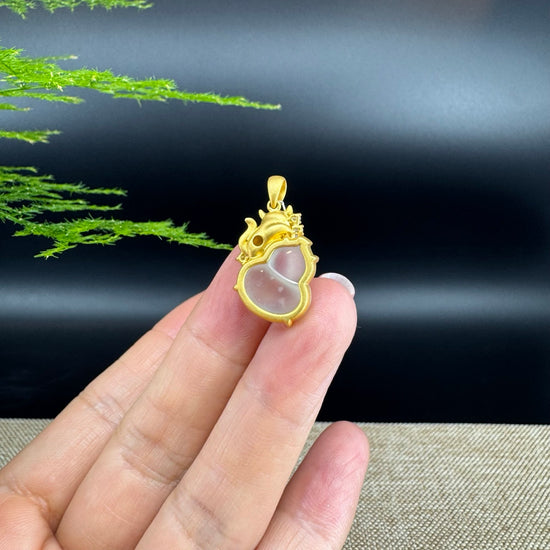 RealJade® Co. Genuine Icy Jadeite Jade Good Luck Hulu Bottle Gourd Necklace With 18K Yellow Gold Bail