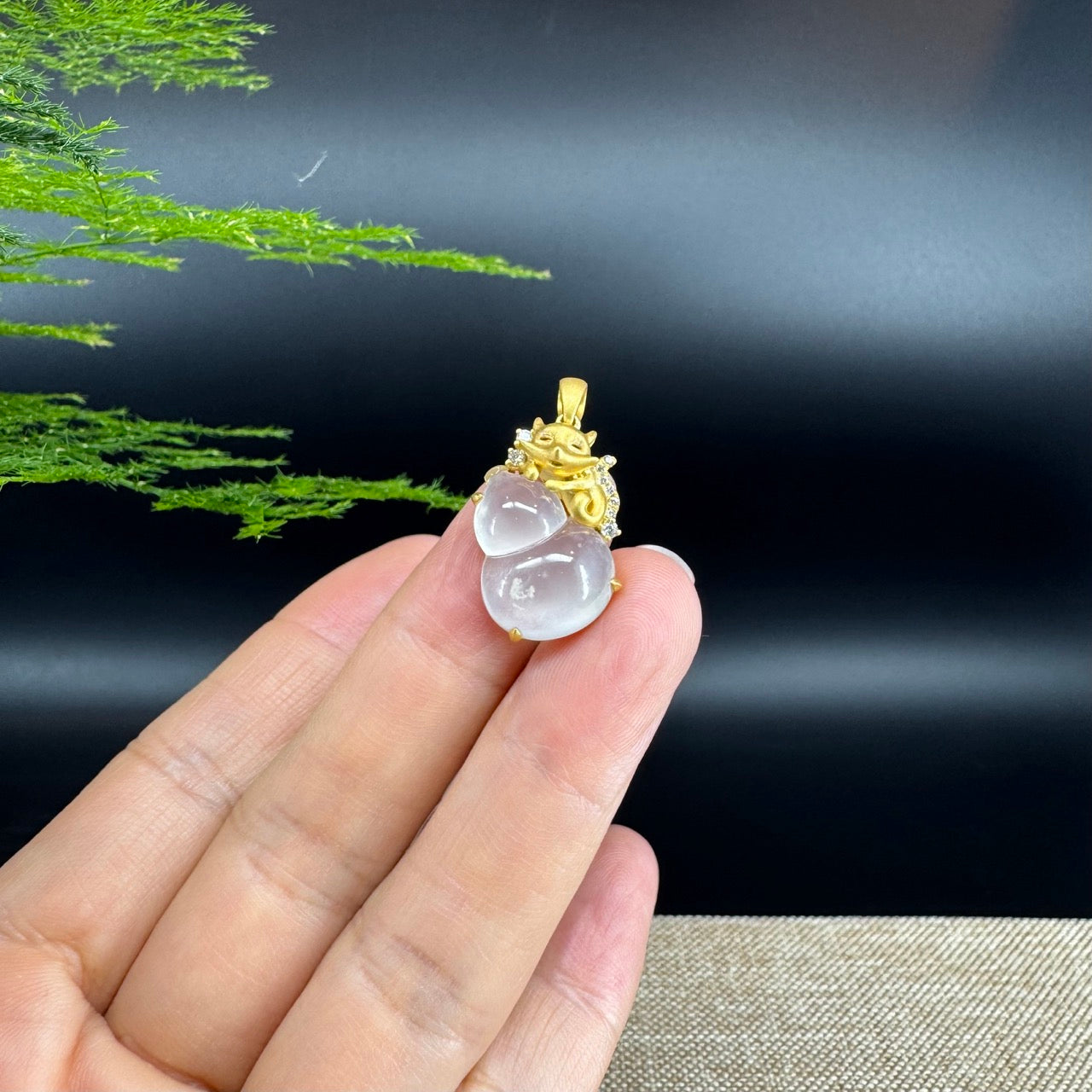 RealJade® Co. Genuine Icy Jadeite Jade Good Luck Hulu Bottle Gourd Necklace With 18K Yellow Gold Bail