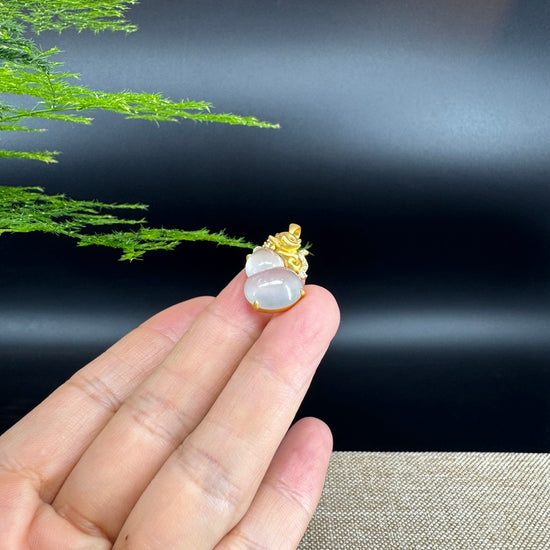 RealJade® Co. Genuine Icy Jadeite Jade Good Luck Hulu Bottle Gourd Necklace With 18K Yellow Gold Bail