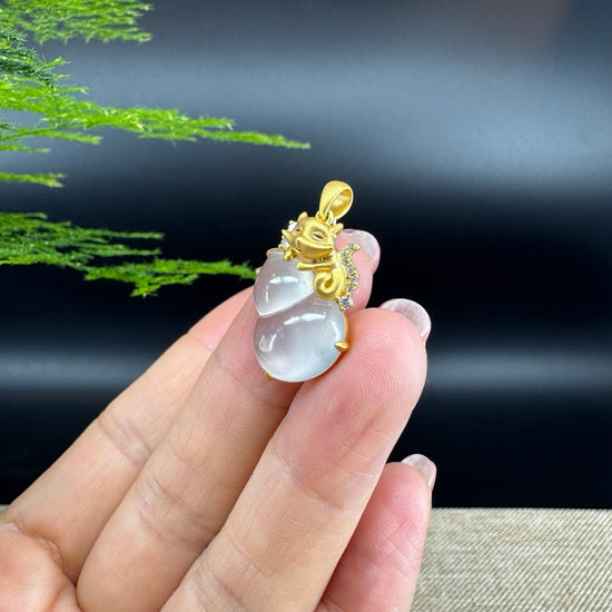 RealJade® Co. Genuine Icy Jadeite Jade Good Luck Hulu Bottle Gourd Necklace With 18K Yellow Gold Bail