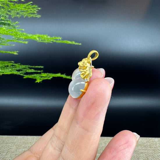 RealJade® Co. Genuine Icy Jadeite Jade Good Luck Hulu Bottle Gourd Necklace With 18K Yellow Gold Bail