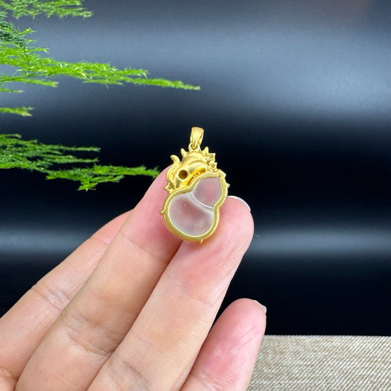 RealJade® Co. Genuine Icy Jadeite Jade Good Luck Hulu Bottle Gourd Necklace With 18K Yellow Gold Bail