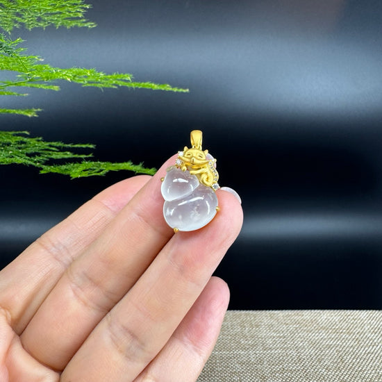 RealJade® Co. Genuine Icy Jadeite Jade Good Luck Hulu Bottle Gourd Necklace With 18K Yellow Gold Bail