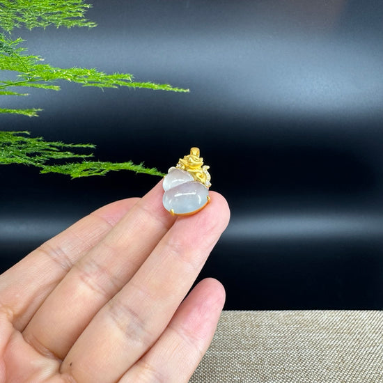 RealJade® Co. Genuine Icy Jadeite Jade Good Luck Hulu Bottle Gourd Necklace With 18K Yellow Gold Bail