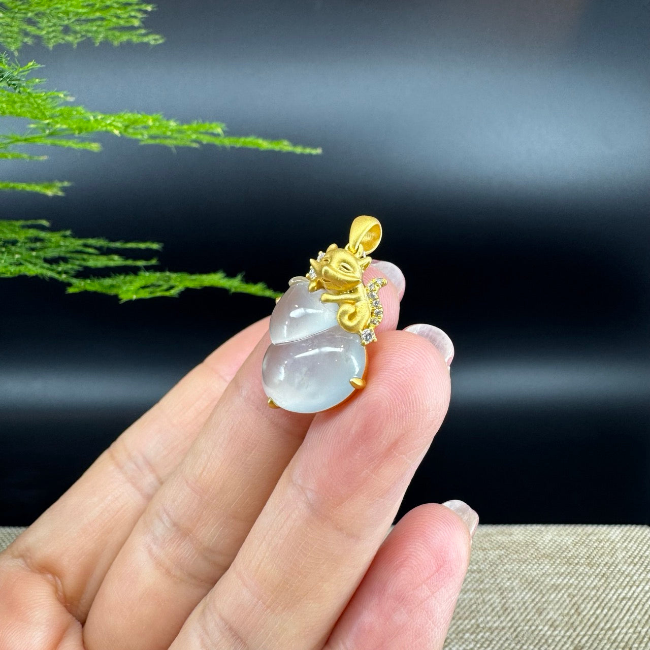 RealJade® Co. Genuine Icy Jadeite Jade Good Luck Hulu Bottle Gourd Necklace With 18K Yellow Gold Bail