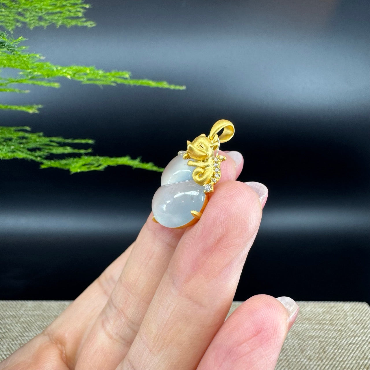 RealJade® Co. Genuine Icy Jadeite Jade Good Luck Hulu Bottle Gourd Necklace With 18K Yellow Gold Bail