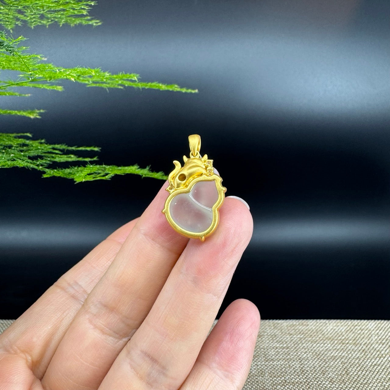 RealJade® Co. Genuine Icy Jadeite Jade Good Luck Hulu Bottle Gourd Necklace With 18K Yellow Gold Bail