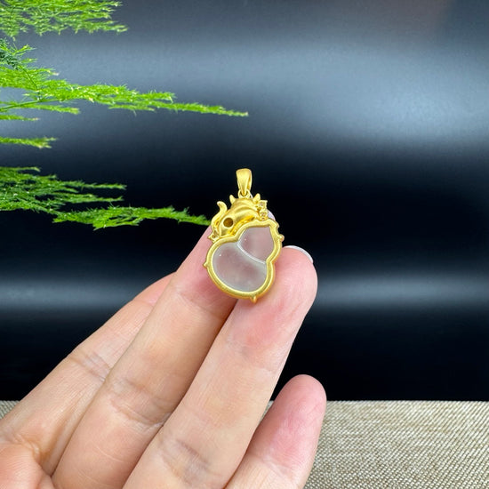 RealJade® Co. Genuine Icy Jadeite Jade Good Luck Hulu Bottle Gourd Necklace With 18K Yellow Gold Bail