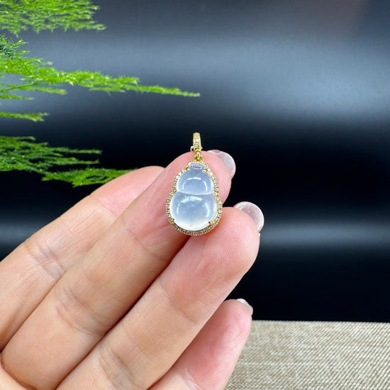 RealJade® Co. Genuine Icy Jadeite Jade Good Luck Hulu Bottle Gourd Necklace With 18K Yellow Gold Bail