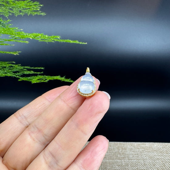 RealJade® Co. Genuine Icy Jadeite Jade Good Luck Hulu Bottle Gourd Necklace With 18K Yellow Gold Bail