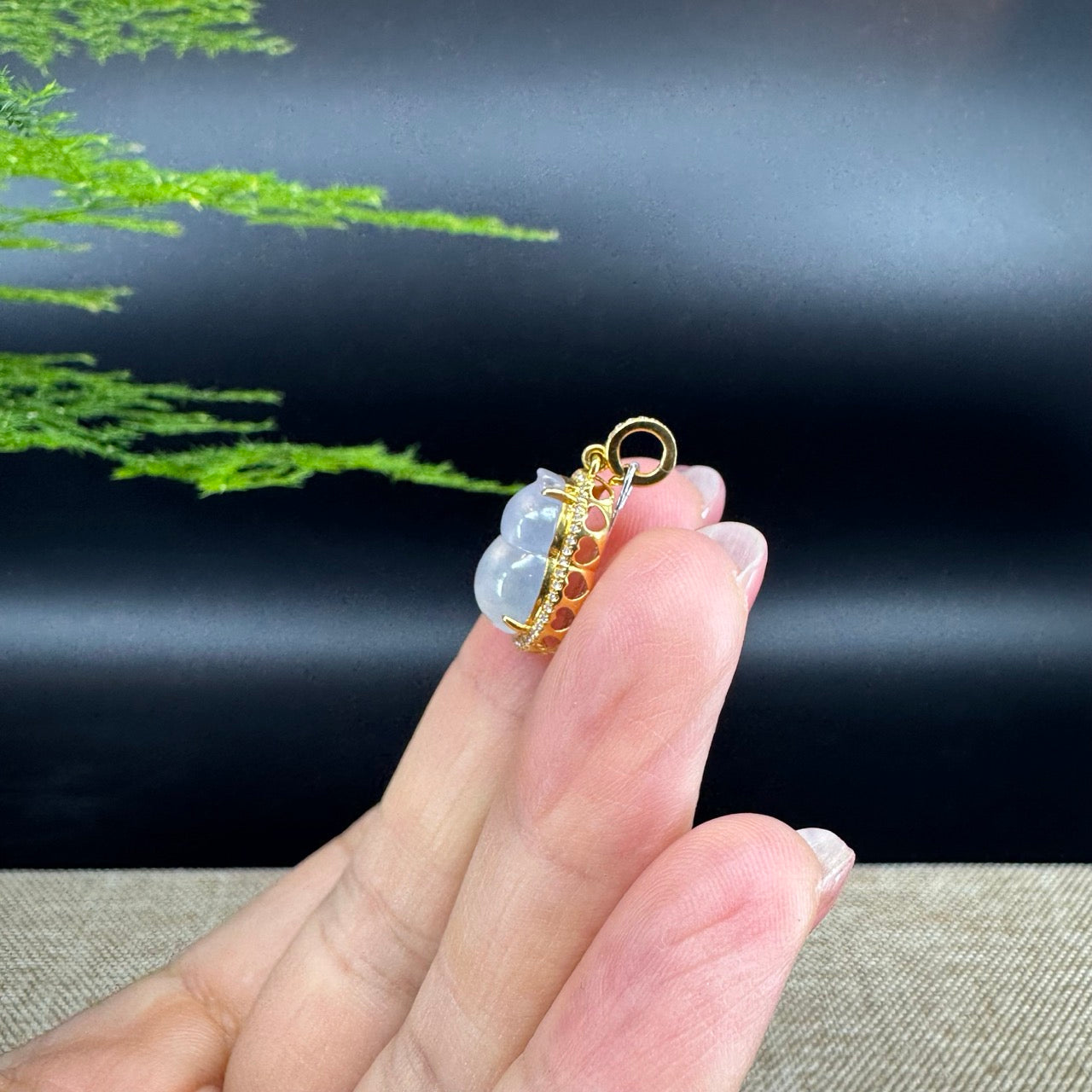 RealJade® Co. Genuine Icy Jadeite Jade Good Luck Hulu Bottle Gourd Necklace With 18K Yellow Gold Bail