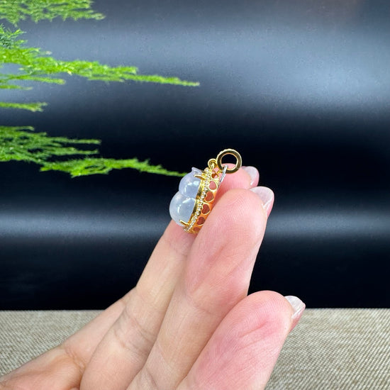 RealJade® Co. Genuine Icy Jadeite Jade Good Luck Hulu Bottle Gourd Necklace With 18K Yellow Gold Bail