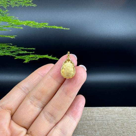 RealJade® Co. Genuine Icy Jadeite Jade Good Luck Hulu Bottle Gourd Necklace With 18K Yellow Gold Bail