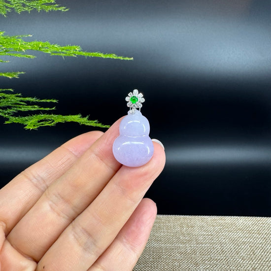 RealJade® Co. Genuine Lavender Jadeite Jade Good Luck Hulu Bottle Gourd Necklace With 18K Yellow White Bail