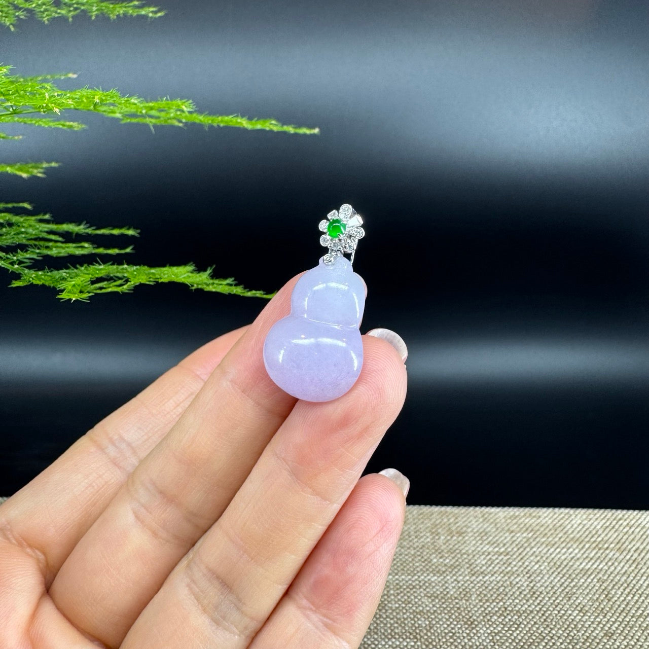 RealJade® Co. Genuine Lavender Jadeite Jade Good Luck Hulu Bottle Gourd Necklace With 18K Yellow White Bail