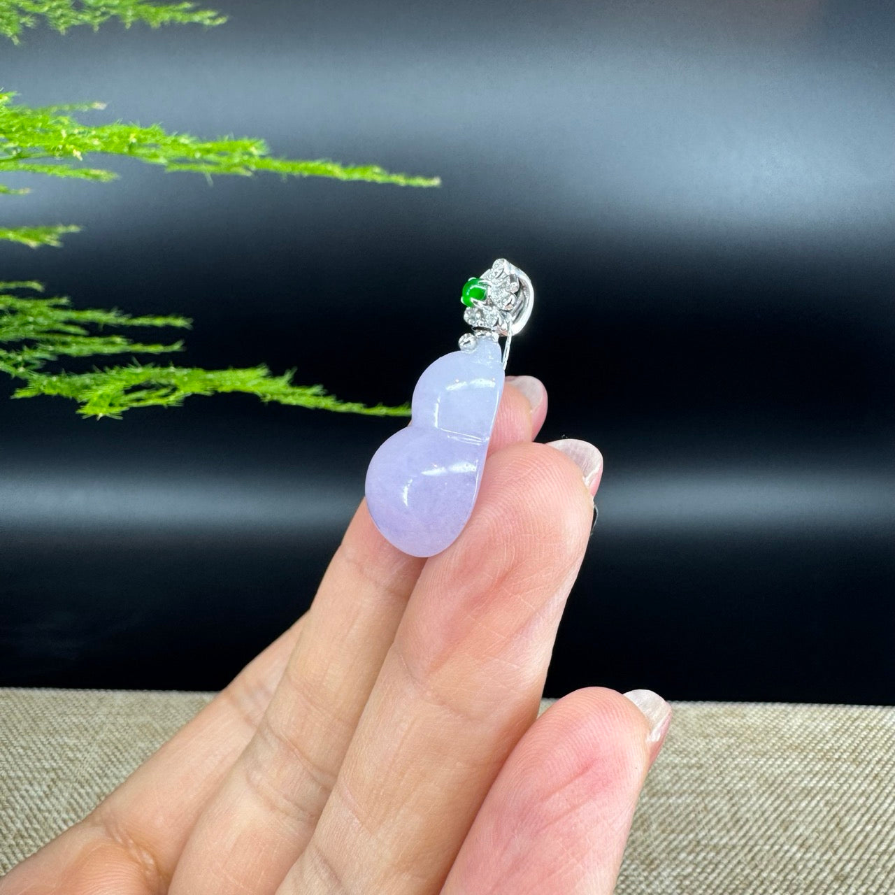 RealJade® Co. Genuine Lavender Jadeite Jade Good Luck Hulu Bottle Gourd Necklace With 18K Yellow White Bail