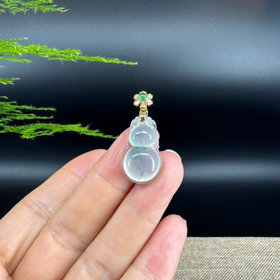 RealJade® Co. Genuine Icy green Jadeite Jade Good Luck Hulu Necklace With 18K Yellow Gold Bail