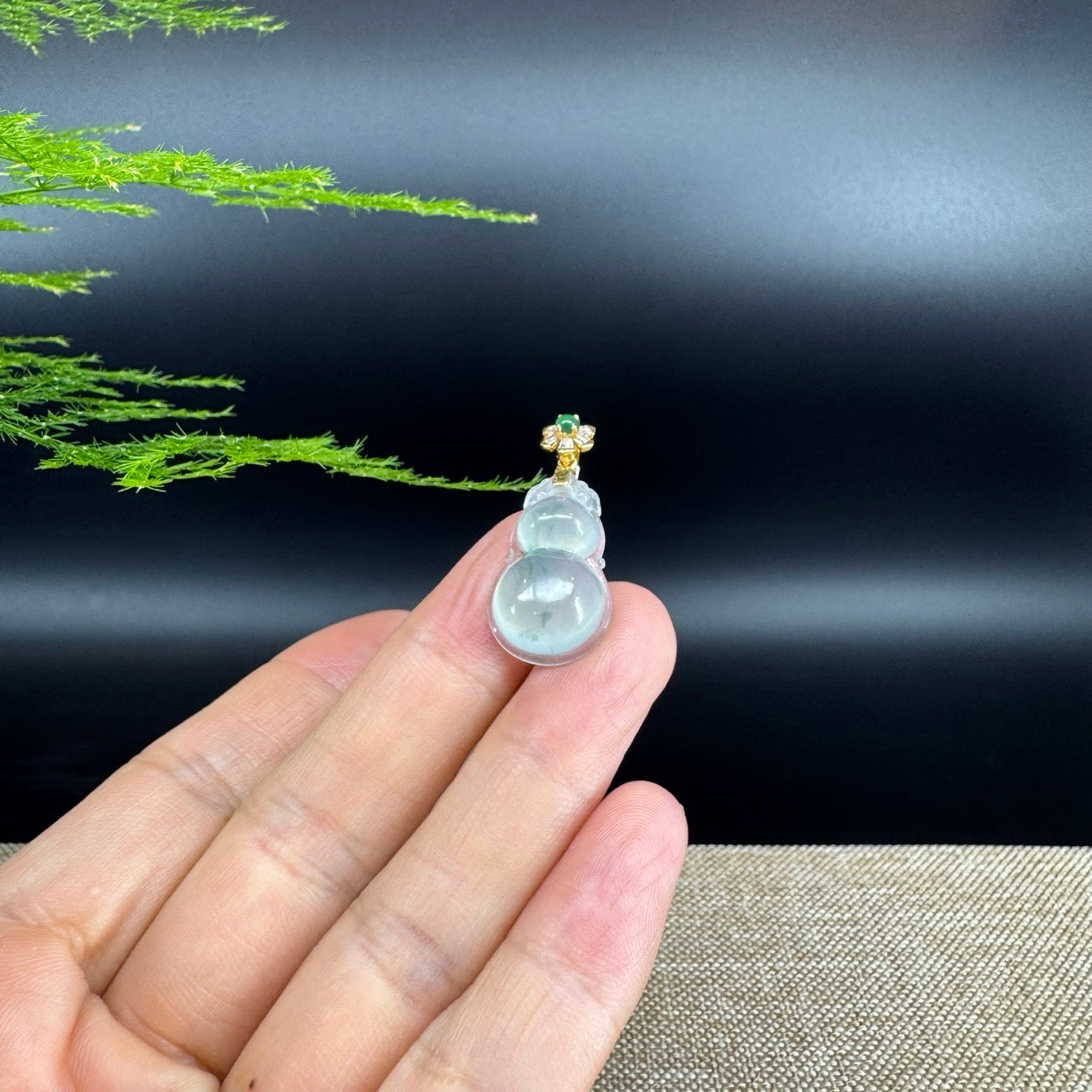 RealJade® Co. Genuine Icy green Jadeite Jade Good Luck Hulu Necklace With 18K Yellow Gold Bail