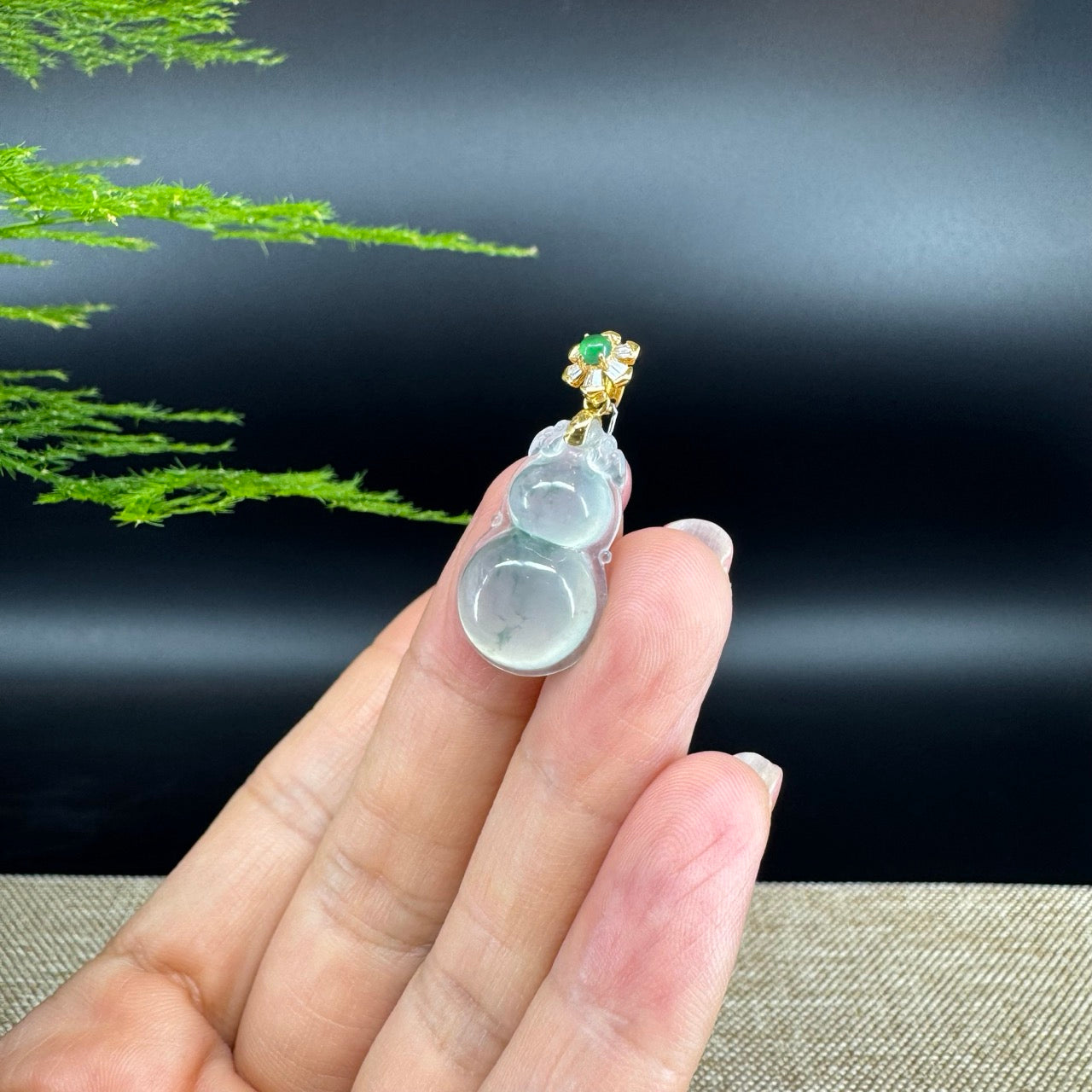 RealJade® Co. Genuine Icy green Jadeite Jade Good Luck Hulu Necklace With 18K Yellow Gold Bail