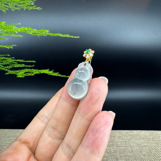 RealJade® Co. Genuine Icy green Jadeite Jade Good Luck Hulu Necklace With 18K Yellow Gold Bail