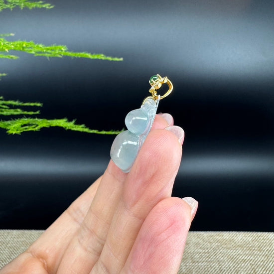 RealJade® Co. Genuine Icy green Jadeite Jade Good Luck Hulu Necklace With 18K Yellow Gold Bail