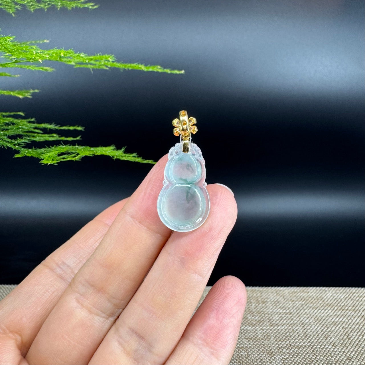 RealJade® Co. Genuine Icy green Jadeite Jade Good Luck Hulu Necklace With 18K Yellow Gold Bail