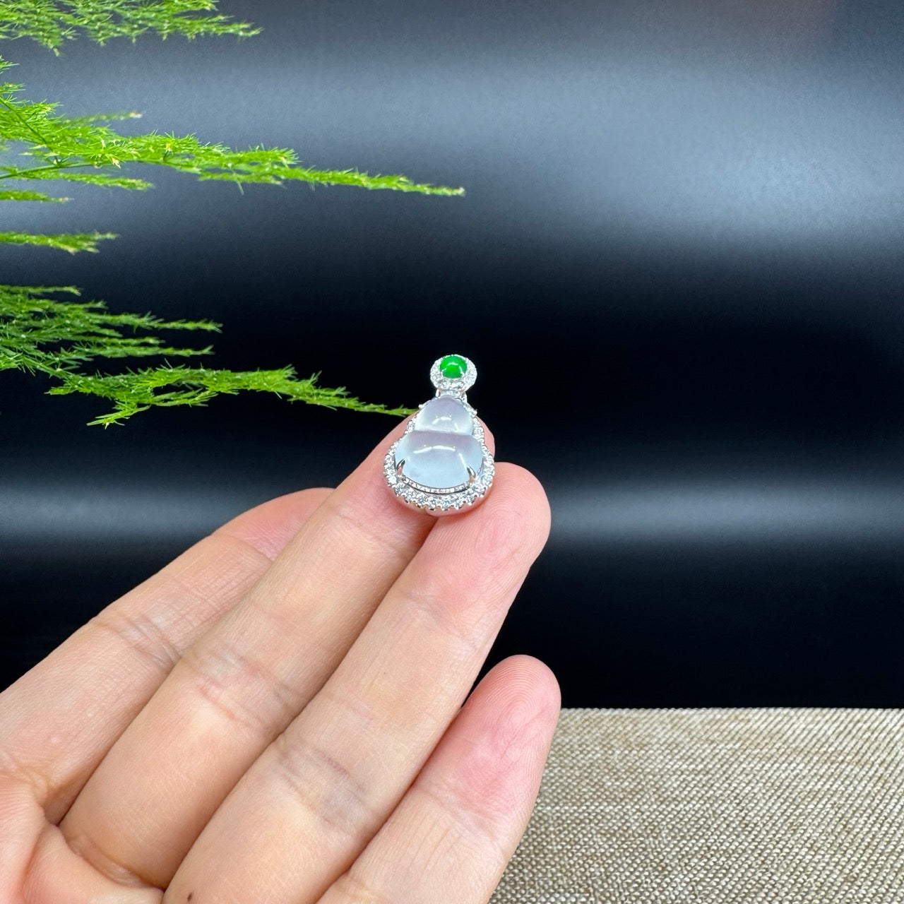 RealJade® Co. Genuine Icy Jadeite Jade Good Luck Hulu Bottle Gourd Necklace With 18K White Gold Bail