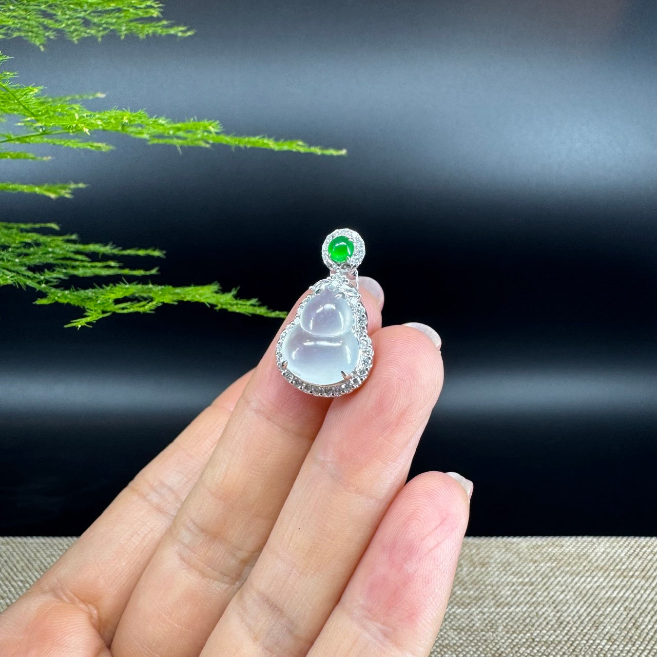 RealJade® Co. Genuine Icy Jadeite Jade Good Luck Hulu Bottle Gourd Necklace With 18K White Gold Bail