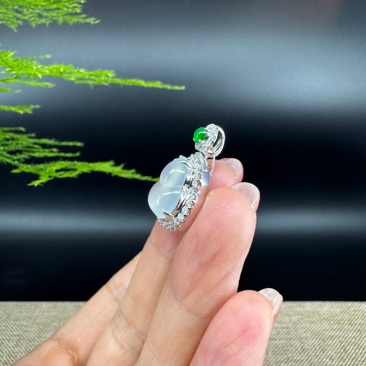 RealJade® Co. Genuine Icy Jadeite Jade Good Luck Hulu Bottle Gourd Necklace With 18K White Gold Bail