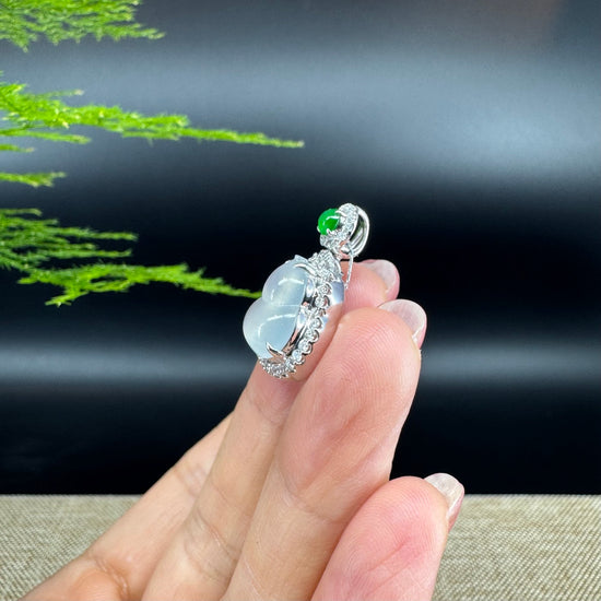 RealJade® Co. Genuine Icy Jadeite Jade Good Luck Hulu Bottle Gourd Necklace With 18K White Gold Bail