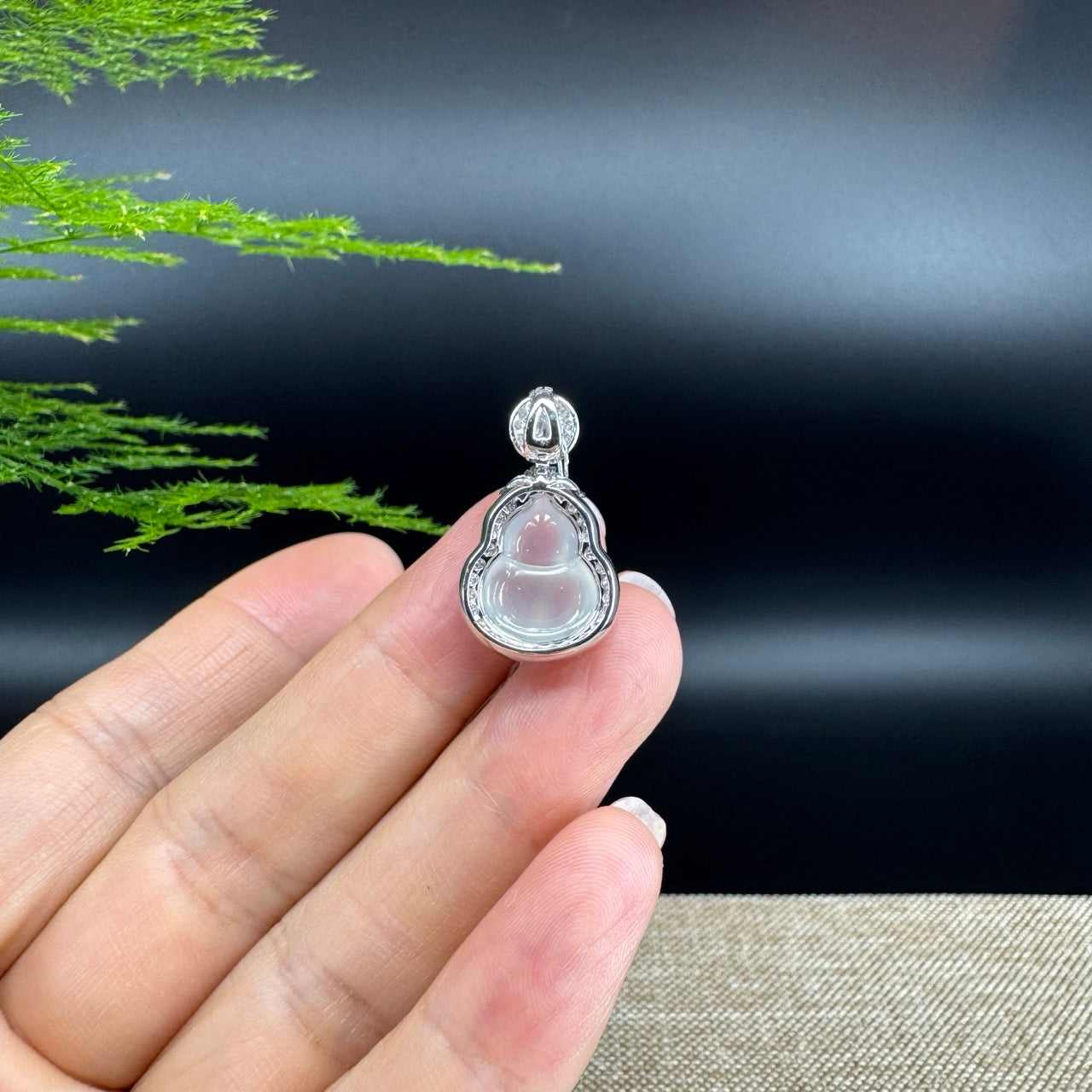 RealJade® Co. Genuine Icy Jadeite Jade Good Luck Hulu Bottle Gourd Necklace With 18K White Gold Bail