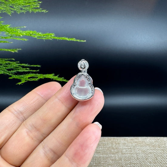 RealJade® Co. Genuine Icy Jadeite Jade Good Luck Hulu Bottle Gourd Necklace With 18K White Gold Bail