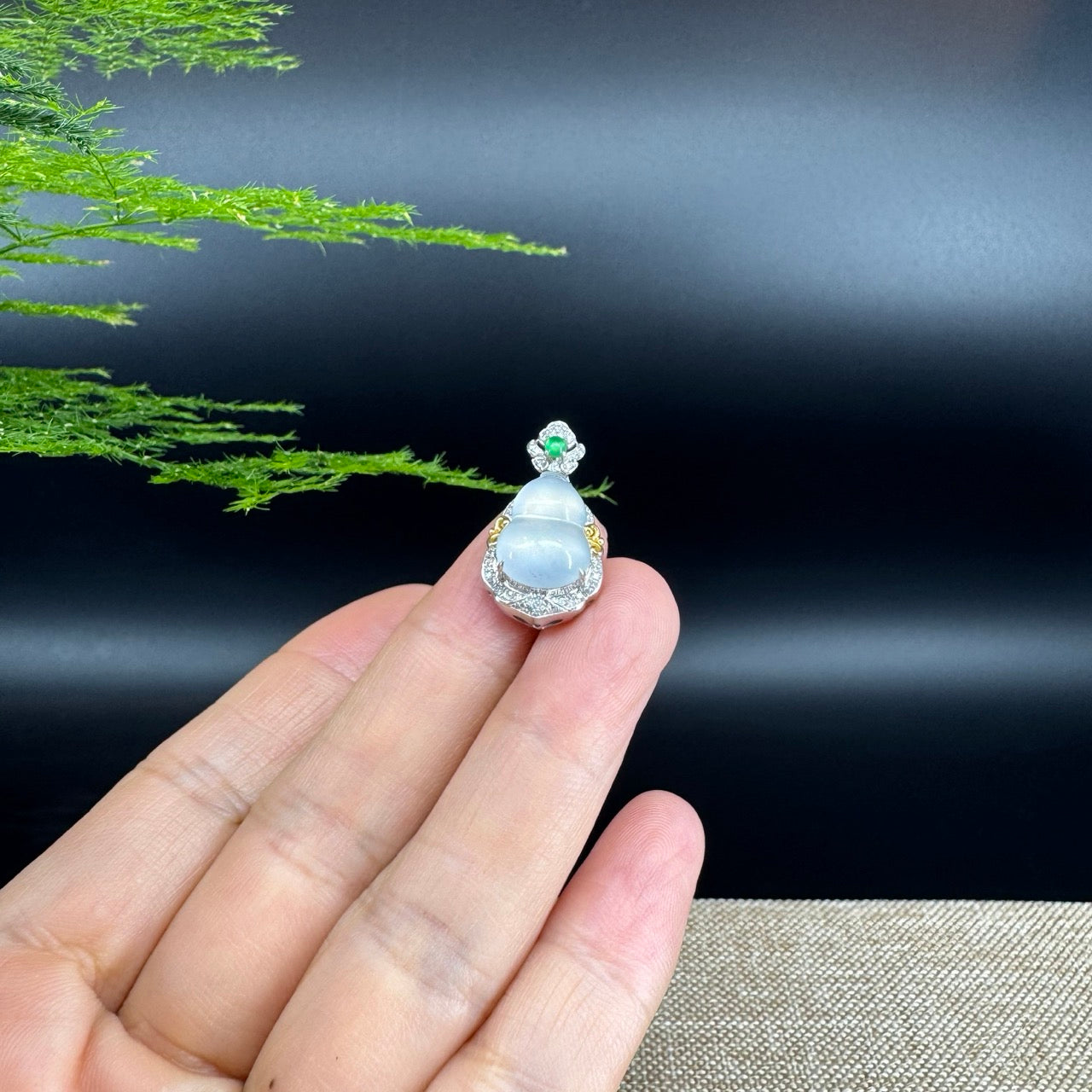 RealJade® Co. Genuine Icy Jadeite Jade Good Luck Hulu Bottle Gourd Necklace With 18K Gold Bail