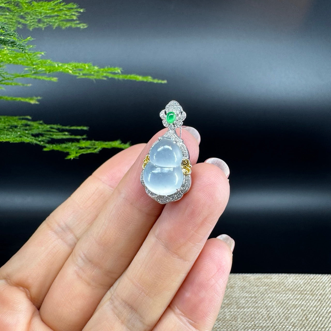 RealJade® Co. Genuine Icy Jadeite Jade Good Luck Hulu Bottle Gourd Necklace With 18K Gold Bail
