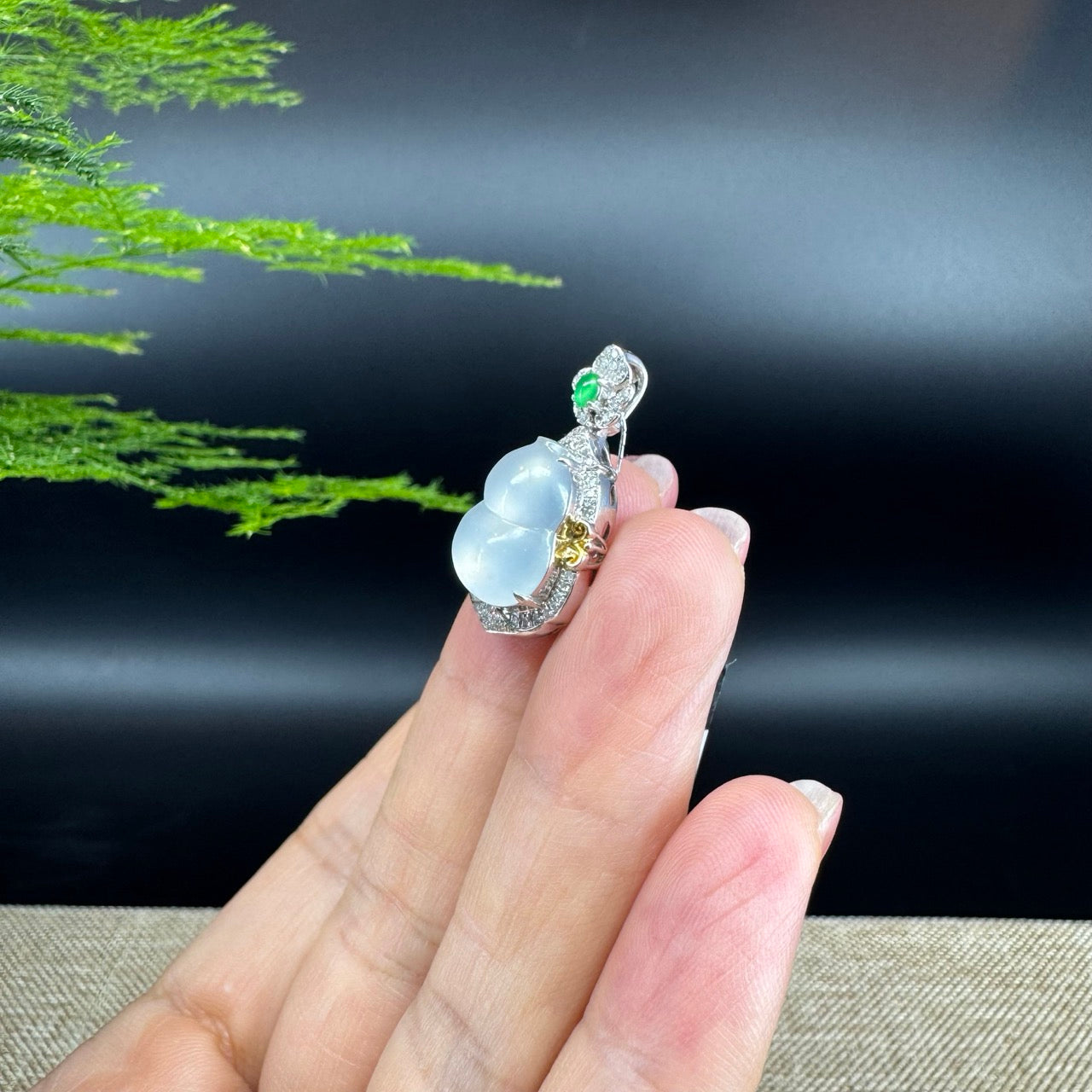 RealJade® Co. Genuine Icy Jadeite Jade Good Luck Hulu Bottle Gourd Necklace With 18K Gold Bail