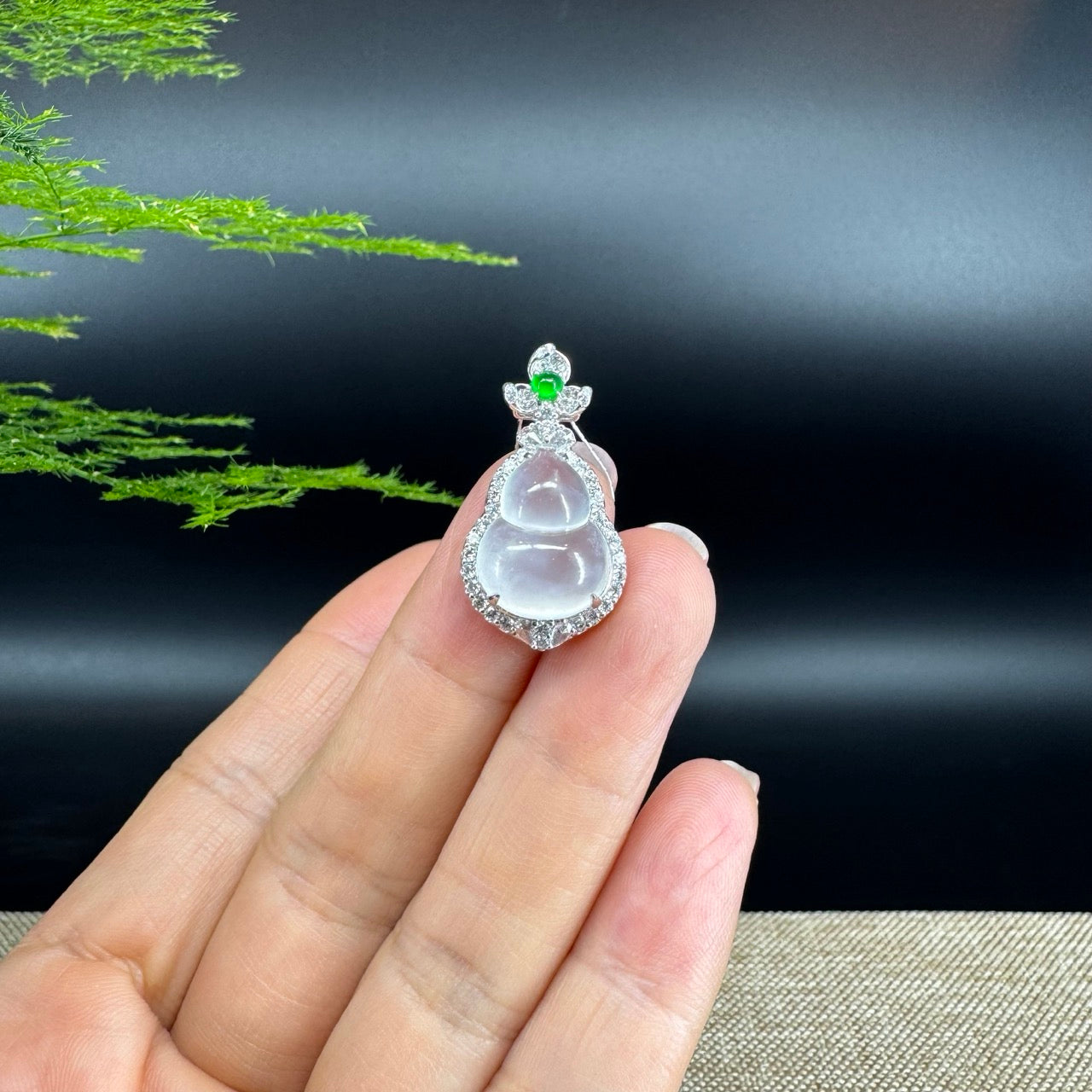 RealJade® Co. Genuine Icy Jadeite Jade Good Luck Hulu Bottle Gourd Necklace With 18K White Gold Bail