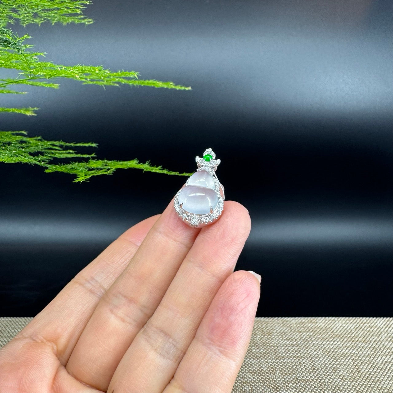 RealJade® Co. Genuine Icy Jadeite Jade Good Luck Hulu Bottle Gourd Necklace With 18K White Gold Bail