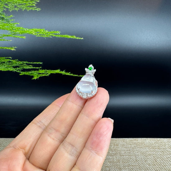 RealJade® Co. Genuine Icy Jadeite Jade Good Luck Hulu Bottle Gourd Necklace With 18K White Gold Bail