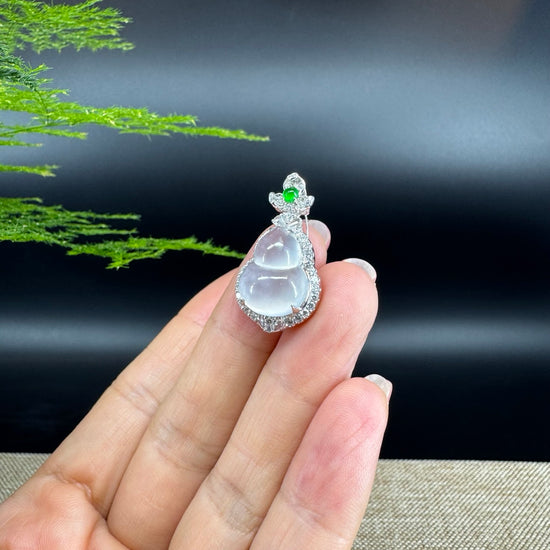 RealJade® Co. Genuine Icy Jadeite Jade Good Luck Hulu Bottle Gourd Necklace With 18K White Gold Bail